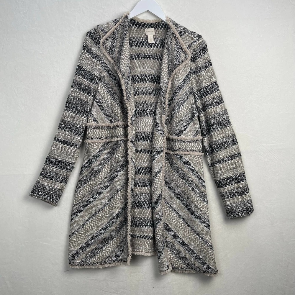 Chico's 2 (Women's Large) Grey Pattern Long Sweater Cardigan, Wool Blend - Picture 2 of 15